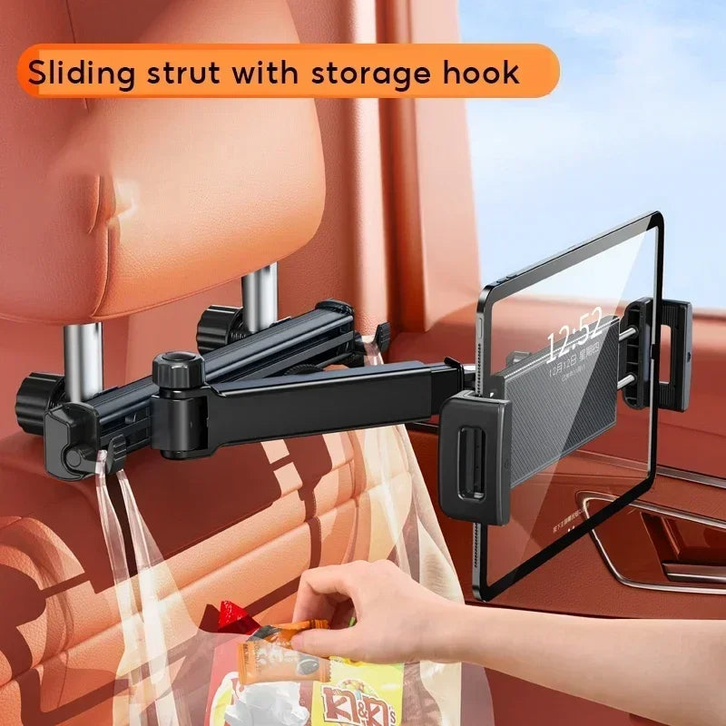 Universal Car Headrest Mount – 360° Rotating Adjustable Arm for Tablets & Smartphones