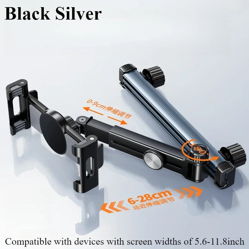 Universal Car Headrest Mount – 360° Rotating Adjustable Arm for Tablets & Smartphones