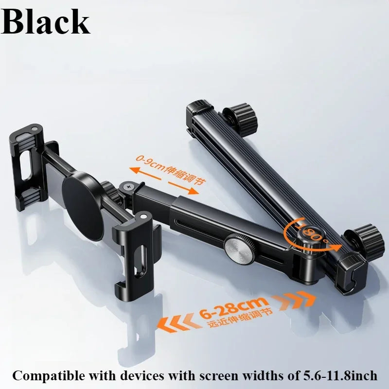 Universal Car Headrest Mount – 360° Rotating Adjustable Arm for Tablets & Smartphones
