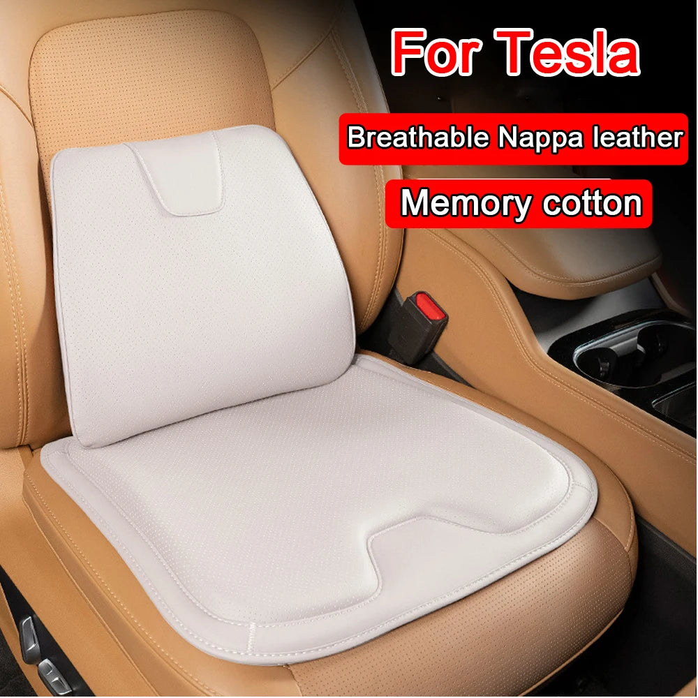 Tesla Leather Seat Cushion – Non-Slip Memory Foam Lumbar Pillow