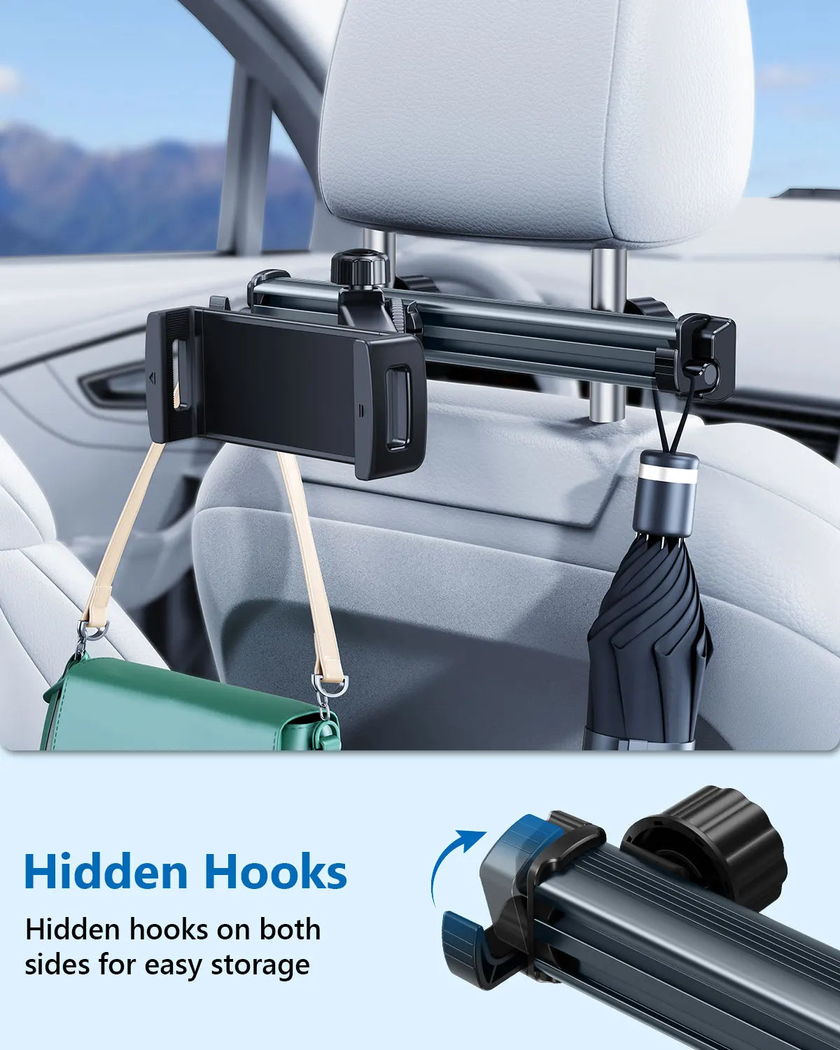 Universal Car Headrest Mount – 360° Rotating Adjustable Arm for Tablets & Smartphones