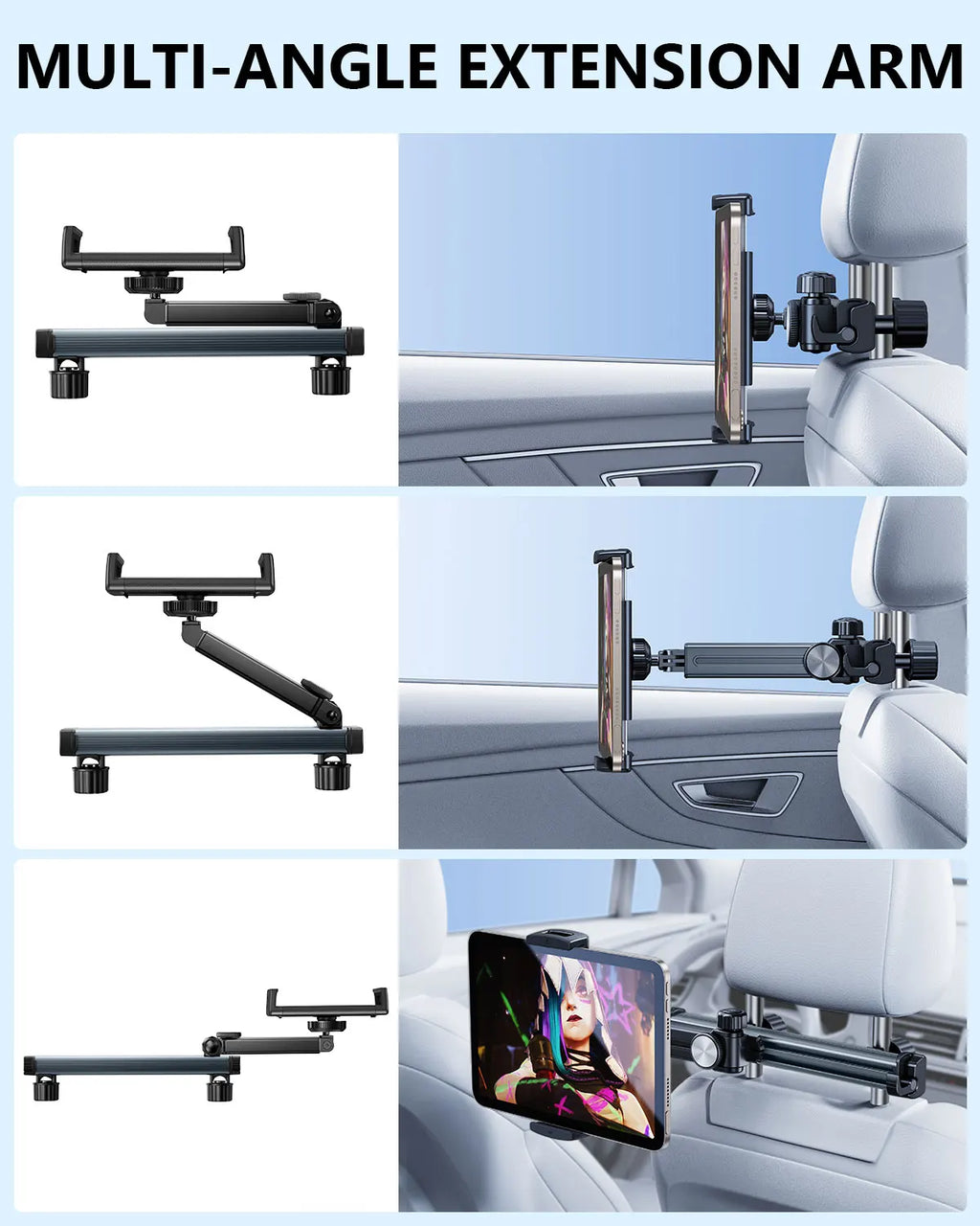 Universal Car Headrest Mount – 360° Rotating Adjustable Arm for Tablets & Smartphones