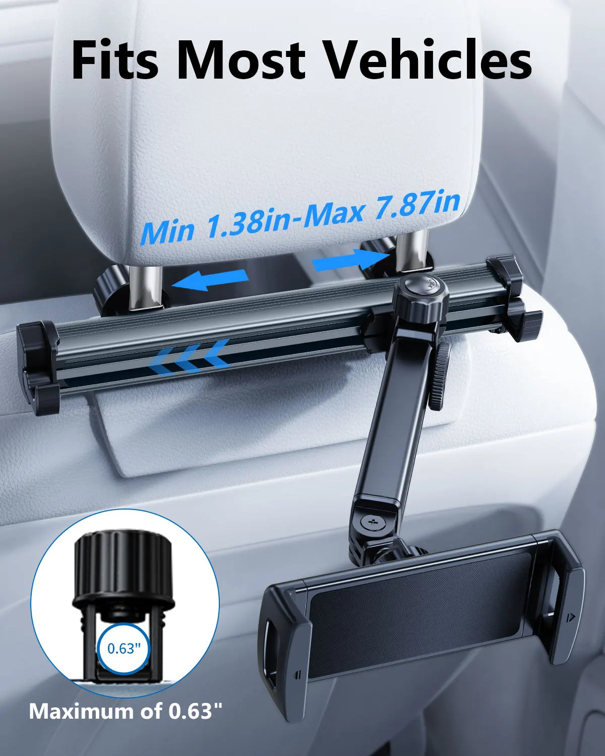 Universal Car Headrest Mount – 360° Rotating Adjustable Arm for Tablets & Smartphones
