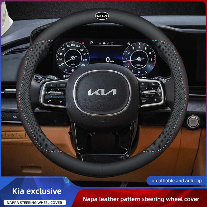 KIA Car Leather Steering Wheel Cover Anti-slip Accessories For KIA EV6 Stinger RIO Sorento Picanto Ceed Borrego Syros K4 K5 K8
