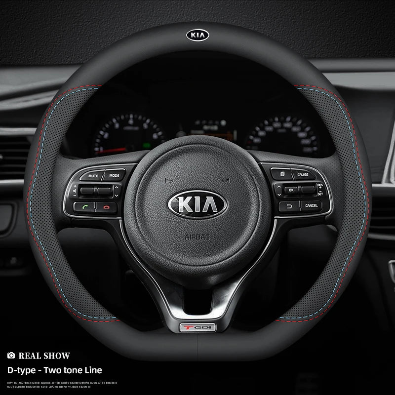 KIA Car Leather Steering Wheel Cover Anti-slip Accessories For KIA EV6 Stinger RIO Sorento Picanto Ceed Borrego Syros K4 K5 K8