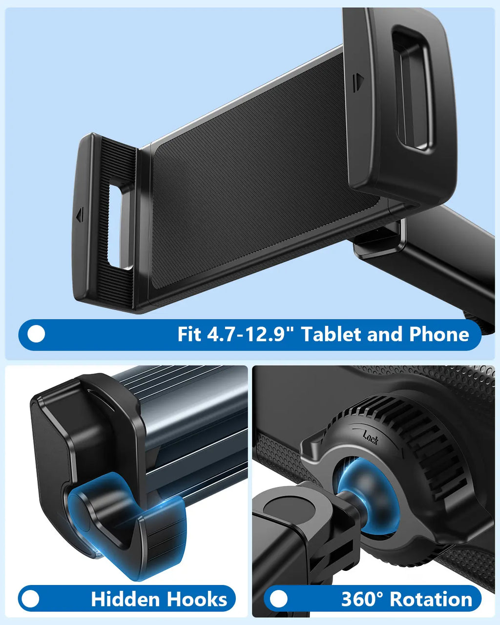 Universal Car Headrest Mount – 360° Rotating Adjustable Arm for Tablets & Smartphones