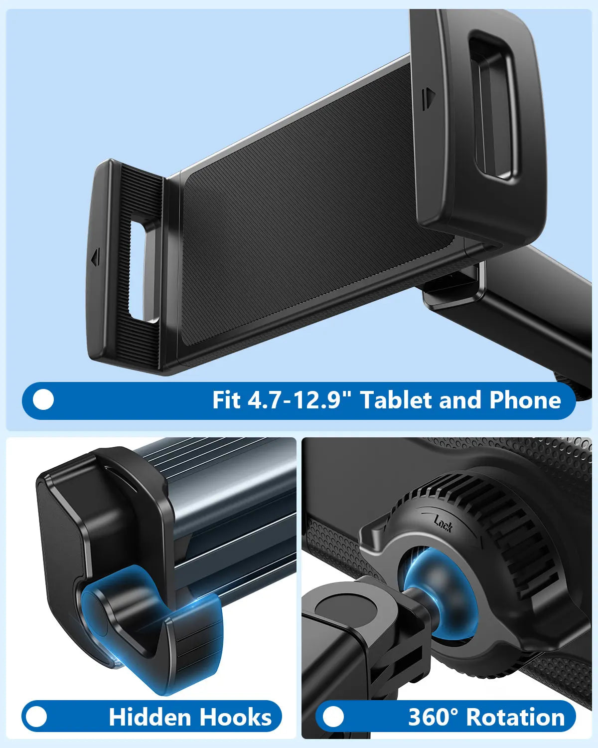 Universal Car Headrest Mount – 360° Rotating Adjustable Arm for Tablets & Smartphones