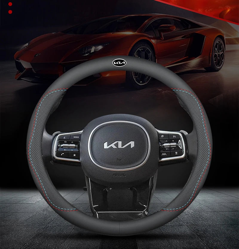 KIA Car Leather Steering Wheel Cover Anti-slip Accessories For KIA EV6 Stinger RIO Sorento Picanto Ceed Borrego Syros K4 K5 K8
